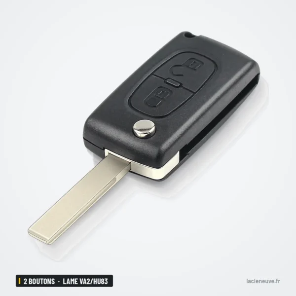 Clé télécommande 433 MHz 2 boutons pour Peugeot 307, 3008, 308, lame VA2/HU83 - clé pliée, lame dépliée de profil