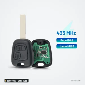 Clé télécommande 433 MHz 2 boutons pour Peugeot 307, Citroën C1, C3 - vue de face avec lame fixe et encart d'informations