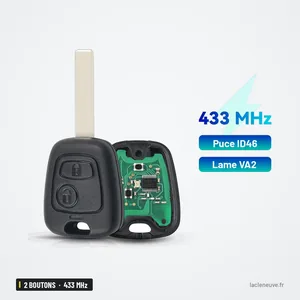 Clé télécommande 433 MHz 2 boutons pour Peugeot 307, Citroën C1, C3, puce ID46 - deux faces de la clé et encart informatif