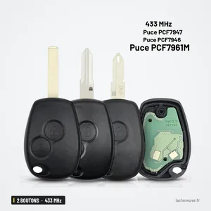 Clé télécommande 433 MHz 2 boutons pour Renault Clio, Dacia Logan, Sandero - trois clés à lame, vue de face Clé télécommande 433 MHz 2 boutons pour Renault Clio, Dacia Logan, Sandero - trois clés à lame, vue de face
