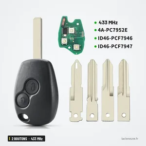 Clé télécommande 433 MHz 2 boutons pour Renault Clio, Twingo, puce ID46 - kit complet avec circuit et lames vierges Clé télécommande 433 MHz 2 boutons pour Renault Clio, Twingo, puce ID46 - kit complet avec circuit et lames vierges