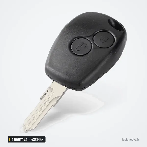 Clé télécommande 433 MHz 2 boutons pour Renault Clio, Twingo, puce ID46 - vue de face, boutons visibles