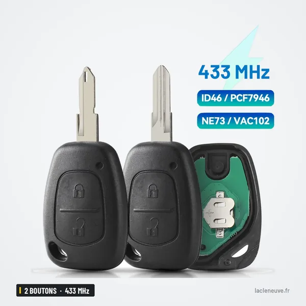 Clé télécommande 433 MHz 2 boutons pour Renault Trafic, Kangoo, puce ID46 - deux télécommandes côte à côte, lames sorties