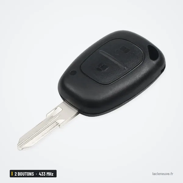 Clé télécommande 433 MHz 2 boutons pour Renault Trafic, Kangoo, puce ID46 - vue de face sous un autre angle
