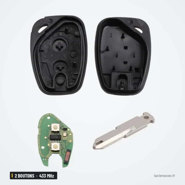 Clé télécommande 433 MHz 2 boutons pour Renault Trafic, Kangoo, puce ID46 - coque ouverte avec circuit et lame séparée