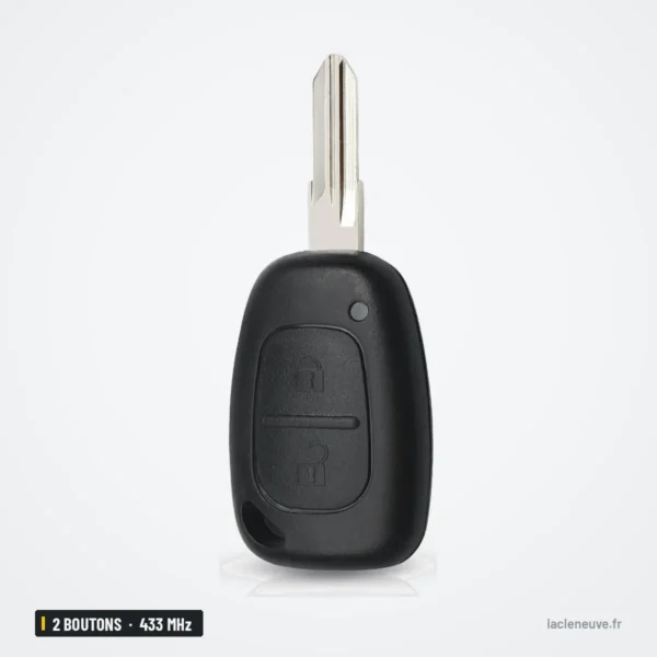 Clé télécommande 433 MHz 2 boutons pour Renault Trafic, Kangoo, puce ID46 - vue de face, boutons arrondis