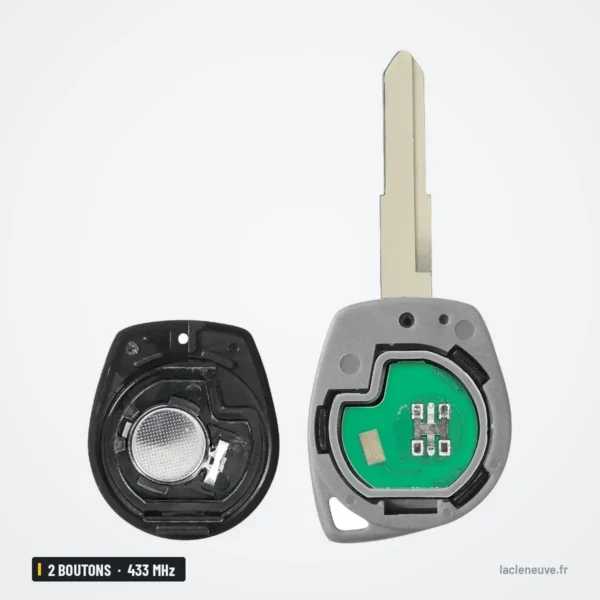 Clé télécommande 433 MHz 2 boutons pour Suzuki Swift, SX4, Grand Vitara - coque ouverte montrant pile et circuit