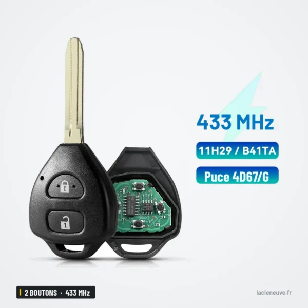 Clé télécommande 433 MHz 2 boutons pour Toyota Corolla, Yaris, puce G/ID67 - lame sortie, circuit visible à côté