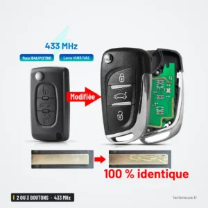 Clé télécommande 433 MHz 2 ou 3 boutons pour Citroën C2, C3, C4, Peugeot 207 - transformation avant et après