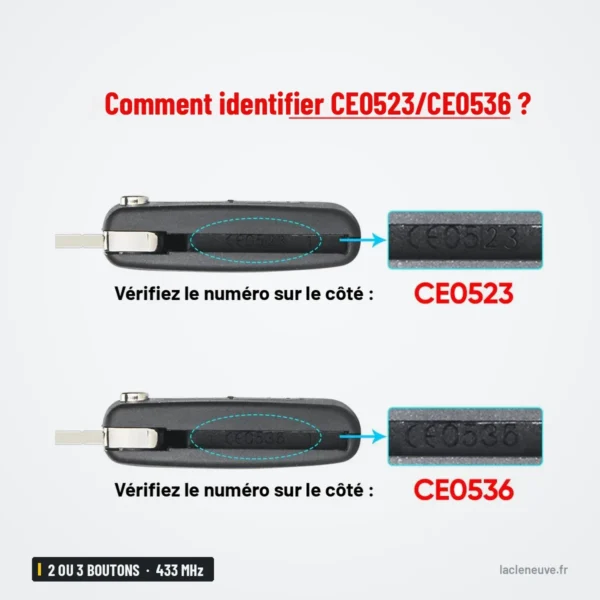 Clé télécommande 433 MHz 2 ou 3 boutons pour Citroën C2, C3, C4, Peugeot 207 - gros plan sur un numéro gravé sur le côté