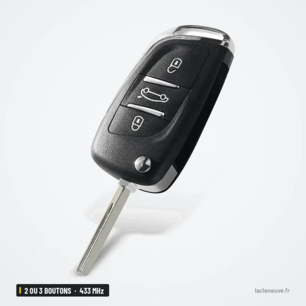 Clé télécommande 433 MHz 2 ou 3 boutons pour Citroën C2, C3, C4, Peugeot 207 - vue de face, boutons visibles