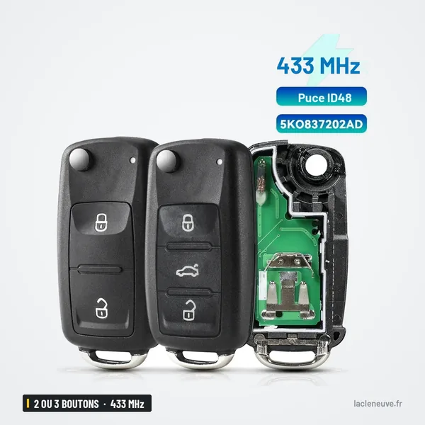 Clé télécommande 433 MHz 2 ou 3 boutons pour Volkswagen Amarok, Transporter - coque ouverte, deux circuits imprimés
