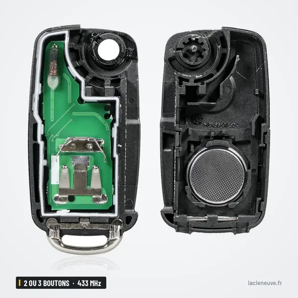 Clé télécommande 433 MHz 2 ou 3 boutons pour Volkswagen Amarok, Transporter - coque démontée, pile et mécanisme visibles