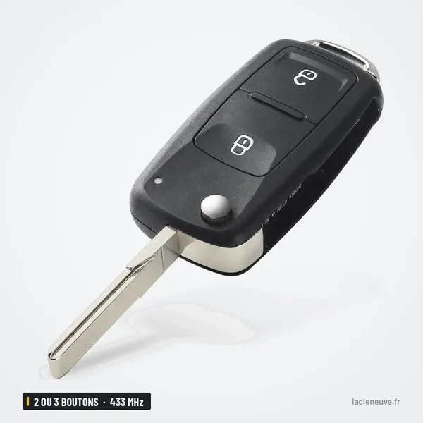 Clé télécommande 433 MHz 2 ou 3 boutons pour Volkswagen Amarok, Transporter - vue de trois quarts, boutons visibles
