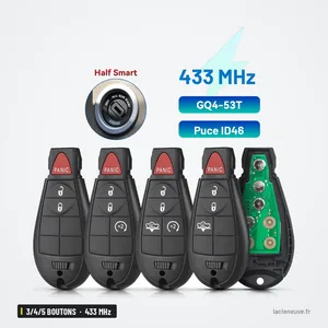 Clé télécommande 433 MHz 3/4/5 boutons pour Dodge RAM 1500, 2500, puce ID46 - cinq télécommandes alignées en éventail