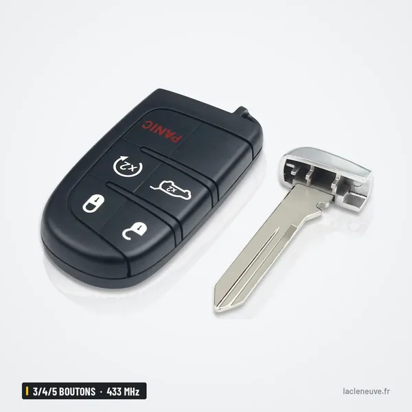 Clé télécommande 433 MHz 3/4/5 boutons pour Jeep Grand Cherokee, Dodge Journey - vue de face avec lame dépliée