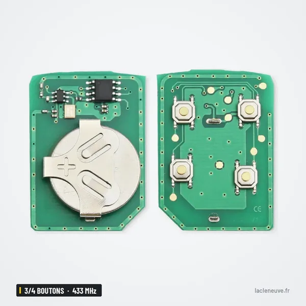 Clé télécommande 433 MHz 3/4 boutons pour Ford Falcon BA, BF, Territory SX, SY - recto verso du circuit imprimé avec pile