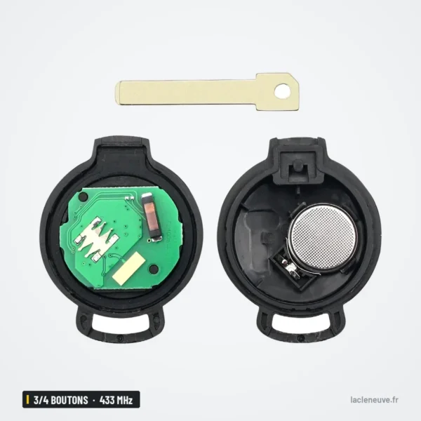 Clé télécommande 433 MHz 3/4 boutons pour Smart Fortwo 451, puce ID46 - coque ouverte, circuit et pile visibles