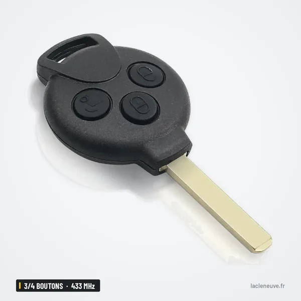 Clé télécommande 433 MHz 3/4 boutons pour Smart Fortwo 451, puce ID46 - lame avec trois boutons, vue de face