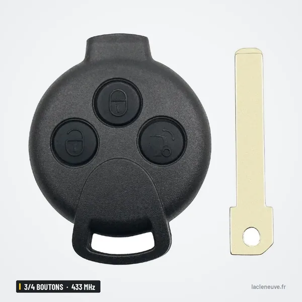 Clé télécommande 433 MHz 3/4 boutons pour Smart Fortwo 451, puce ID46 - tête et lame séparées, vue de face