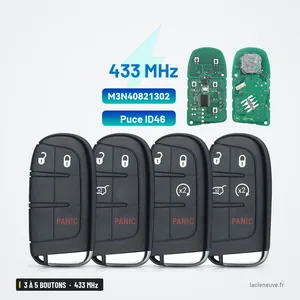 Clé télécommande 433 MHz 3 à 5 boutons pour Jeep Grand Cherokee, Dodge Journey - quatre télécommandes identiques, vue de face Clé télécommande 433 MHz 3 à 5 boutons pour Jeep Grand Cherokee, Dodge Journey - quatre télécommandes identiques, vue de face