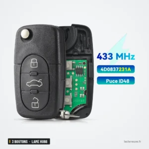 Clé télécommande 433 MHz 3 boutons pour Audi A3, A4, A6 - vue de face, boîtier ouvert avec circuit visible