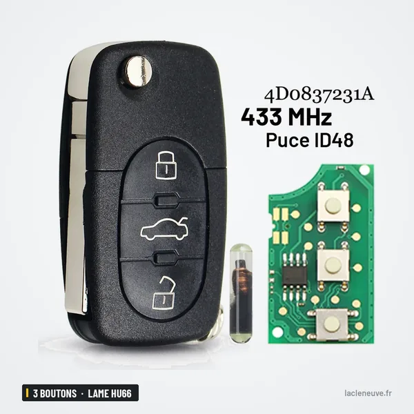 Clé télécommande 433 MHz 3 boutons pour Audi A4, A6, A8, TT, lame HU66 - clé pliante ouverte avec circuit imprimé posé à côté