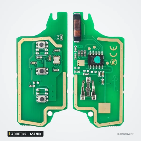 Clé télécommande 433 MHz 3 boutons pour Citroën C4, Peugeot 307, 308, puce ID46 - circuit imprimé détaché, vue recto-verso