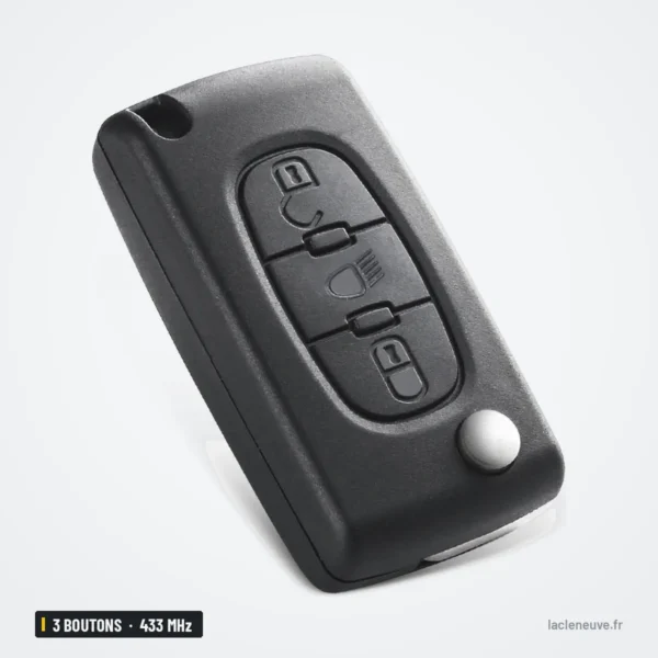 Clé télécommande 433 MHz 3 boutons pour Citroën C4, Peugeot 307, 308, puce ID46 - coque à boutons, vue de trois quarts