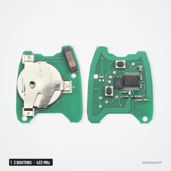 Clé télécommande 433 MHz 3 boutons pour Citroën Saxo, Picasso, puce ID46 - circuit imprimé et pile vus de près