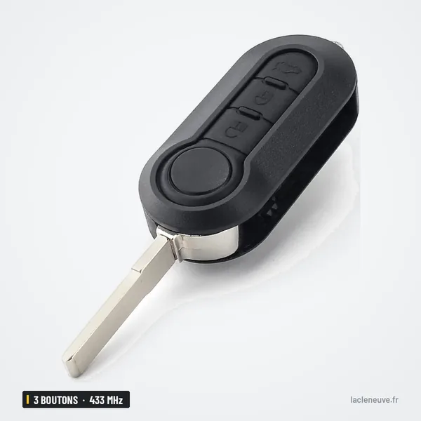 Clé télécommande 433 MHz 3 boutons pour Fiat 500, Doblo, Qubo, puce ID46 - vue de face sous un angle différent
