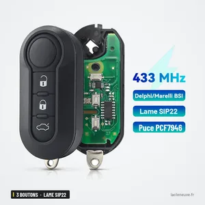 Clé télécommande 433 MHz 3 boutons pour Fiat Ducato, Peugeot Boxer, lame SIP22 - boîtier ouvert, circuit imprimé visible