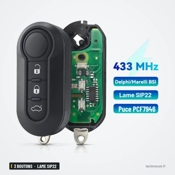 Clé télécommande 433 MHz 3 boutons pour Fiat Ducato, Peugeot Boxer, lame SIP22 - boîtier ouvert, circuit imprimé visible