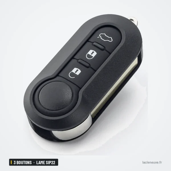 Clé télécommande 433 MHz 3 boutons pour Fiat Ducato, Peugeot Boxer, lame SIP22 - vue de face, trois boutons
