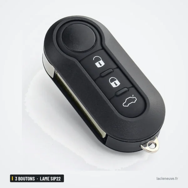 Clé télécommande 433 MHz 3 boutons pour Fiat Ducato, Peugeot Boxer, lame SIP22 - vue de trois quarts, contour chromé