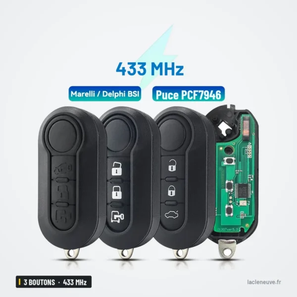 Clé télécommande 433 MHz 3 boutons pour Fiat, Peugeot, Citroën, puce ID46 - quatre clés exposées avec étiquettes techniques