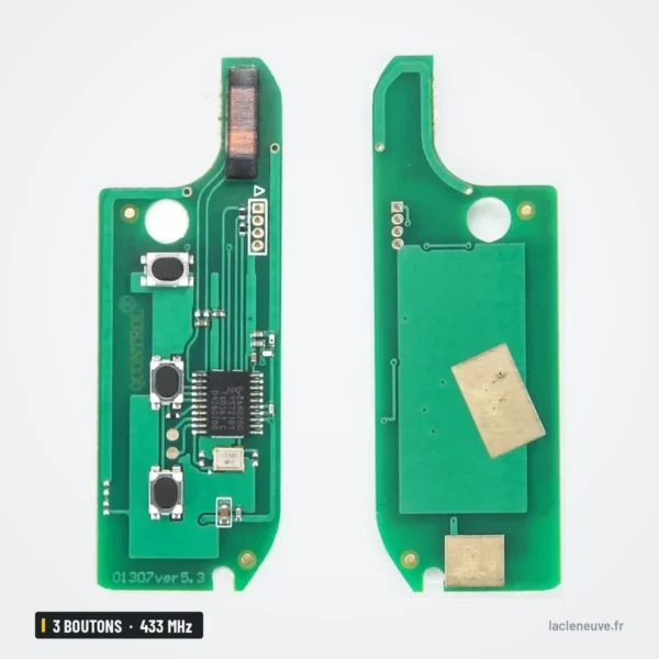 Clé télécommande 433 MHz 3 boutons pour Fiat, Peugeot, Citroën, puce ID46 - deux circuits imprimés, faces avant et arrière