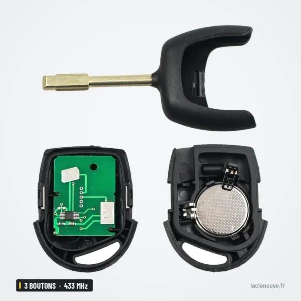Clé télécommande 433 MHz 3 boutons pour Ford Fiesta, Focus, Mondeo, puce 4D60 - lame et coque séparées, vue éclatée