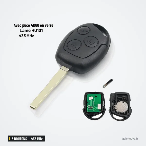 Clé télécommande 433 MHz 3 boutons pour Ford Fiesta, Focus, Mondeo, puce 4D60 - clé avec puce et circuit détachés à côté