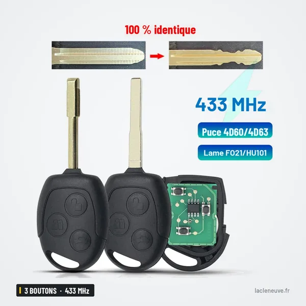 Clé télécommande 433 MHz 3 boutons pour Ford Fiesta, Focus, puce 4D60/ID63 - comparaison de la lame et de trois versions