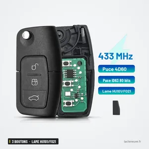 Clé télécommande 433 MHz 3 boutons pour Ford Focus, Fiesta, lame HU101/FO21 - coque ouverte montrant le circuit interne