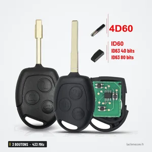 Clé télécommande 433 MHz 3 boutons pour Ford Focus, Fiesta, Mondeo, Ka - trois versions avec puce électronique