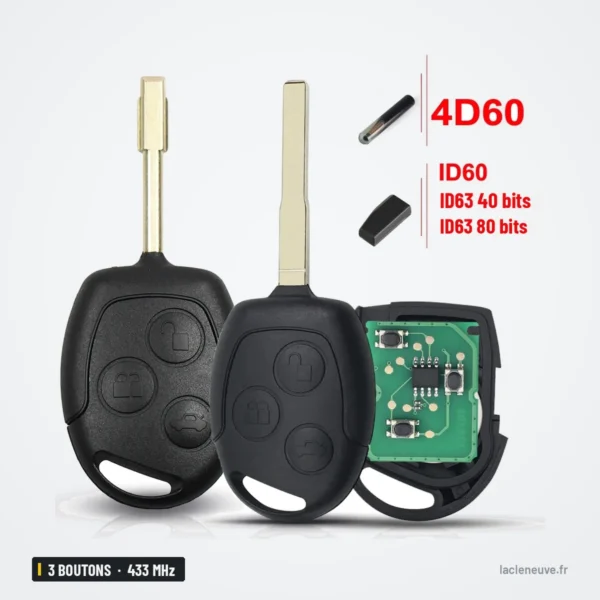 Clé télécommande 433 MHz 3 boutons pour Ford Focus, Fiesta, Mondeo, Ka - trois versions avec puce électronique
