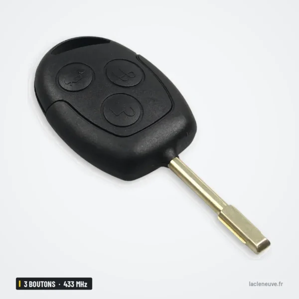 Clé télécommande 433 MHz 3 boutons pour Ford Focus, Fiesta, Mondeo, Ka - vue de face avec lame et boutons