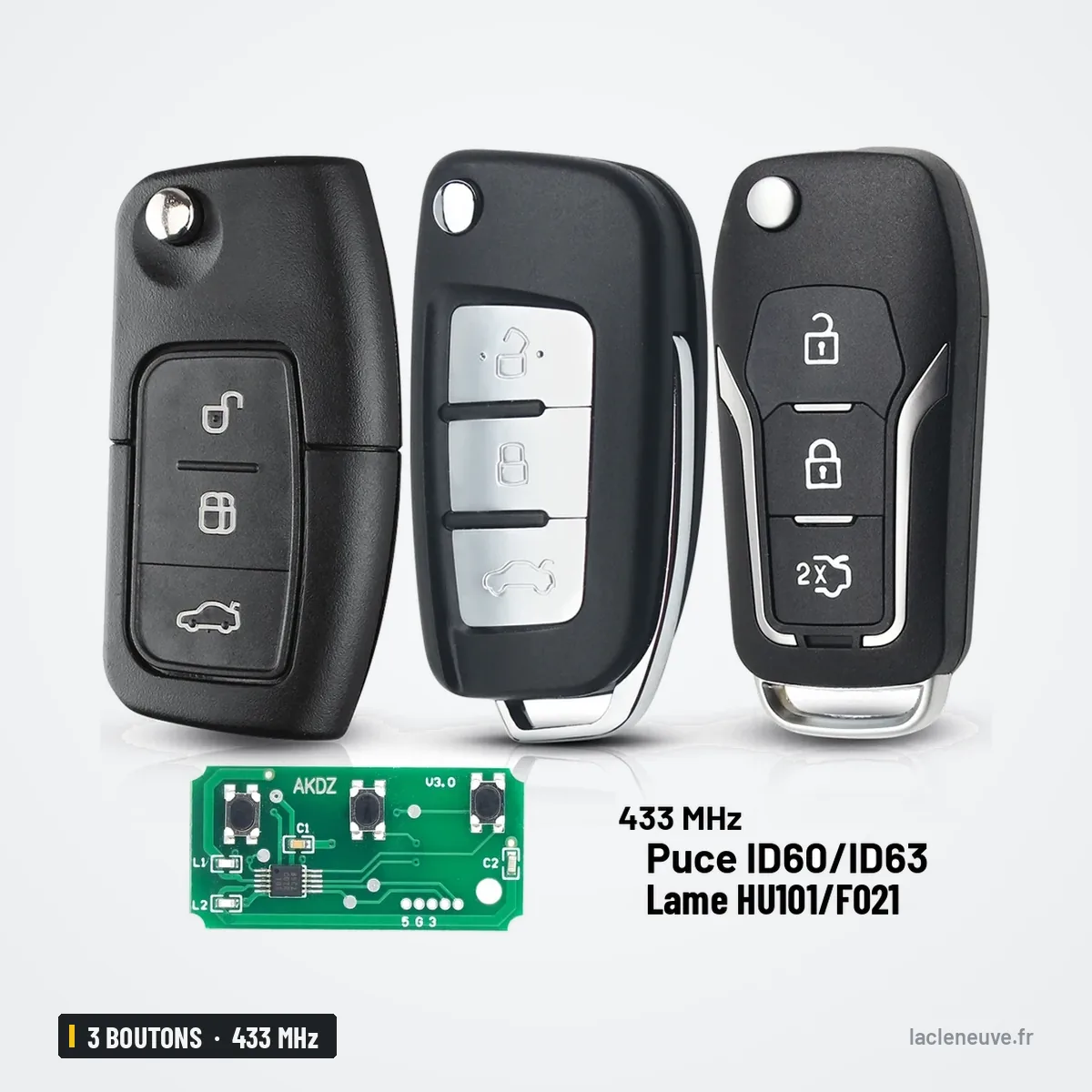 Clé télécommande 433 MHz 3 boutons pour Ford Focus, Mondeo, C-Max, Fiesta - trois boîtiers différents avec circuit imprimé Clé télécommande 433 MHz 3 boutons pour Ford Focus, Mondeo, C-Max, Fiesta - trois boîtiers différents avec circuit imprimé