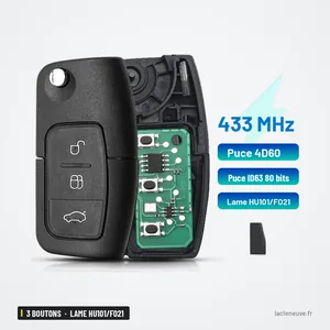 Clé télécommande 433 MHz 3 boutons pour Ford Focus, Mondeo - coque ouverte avec circuit imprimé et lame séparée