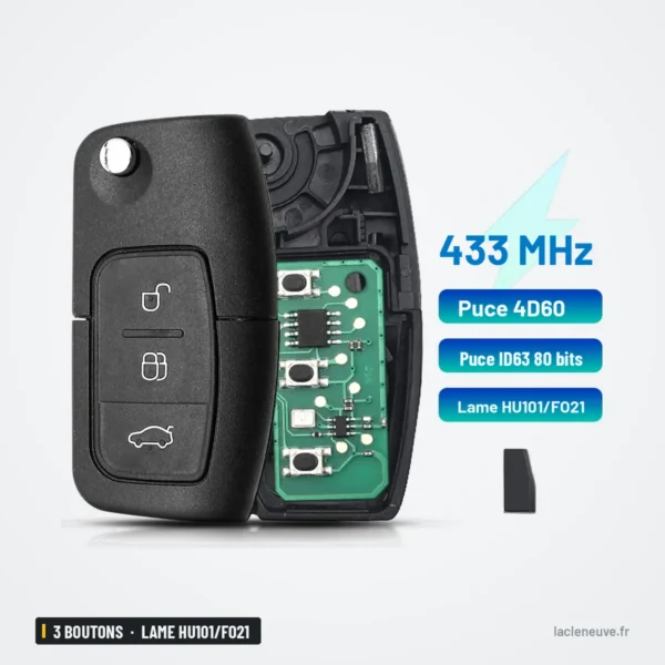 Clé télécommande 433 MHz 3 boutons pour Ford Focus, Mondeo - coque ouverte avec circuit imprimé et lame séparée