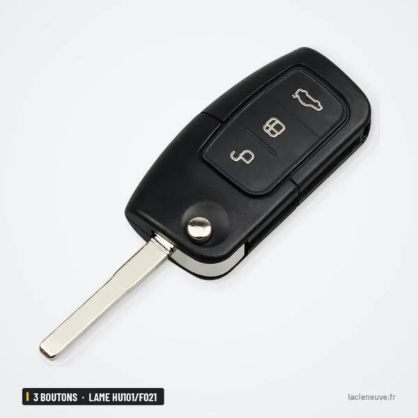 Clé télécommande 433 MHz 3 boutons pour Ford Focus, Mondeo, lame HU101/FO21 - vue de face, trois boutons avec icônes