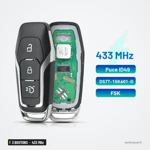 Clé télécommande 433 MHz 3 boutons pour Ford Mondeo, S-Max, Galaxy, puce ID49 - vue de face et de dos, boutons visibles