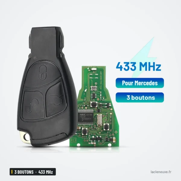 Clé télécommande 433 MHz 3 boutons pour Mercedes-Benz Classe C, E, S, ML - vue éclatée avec circuit imprimé et infographie